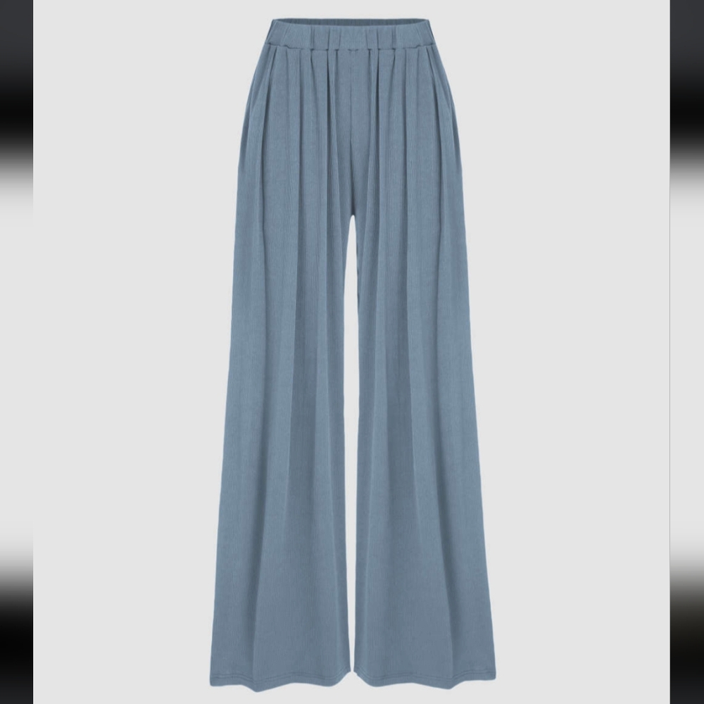 NWT Petite Solid Elastic Waist Blue Wide Leg Pants